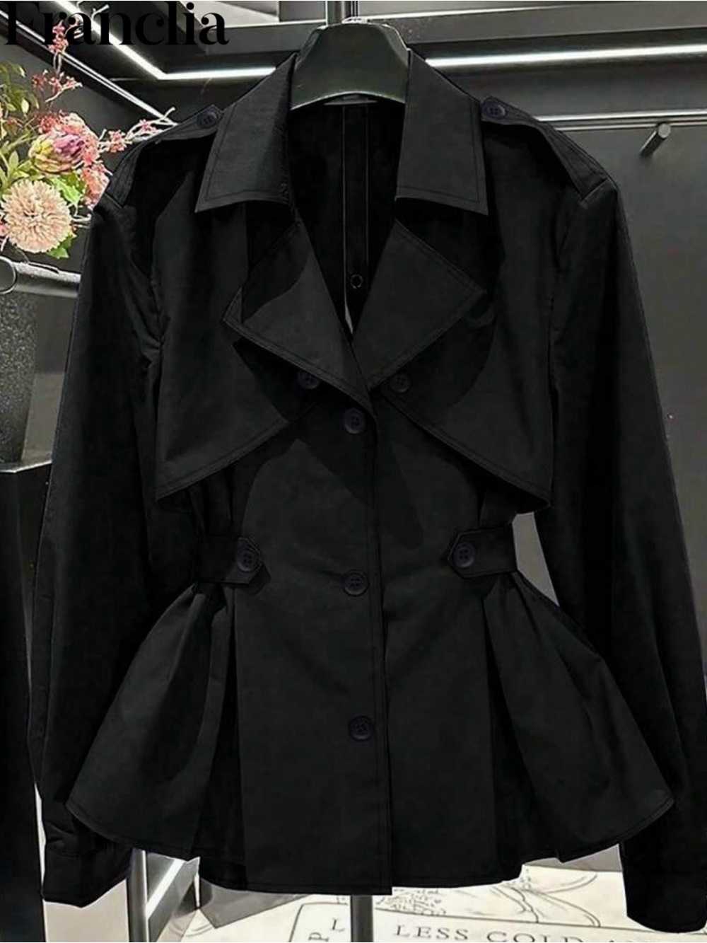 Black Women's Trench Jacket - Contemporary Tailored Peplum